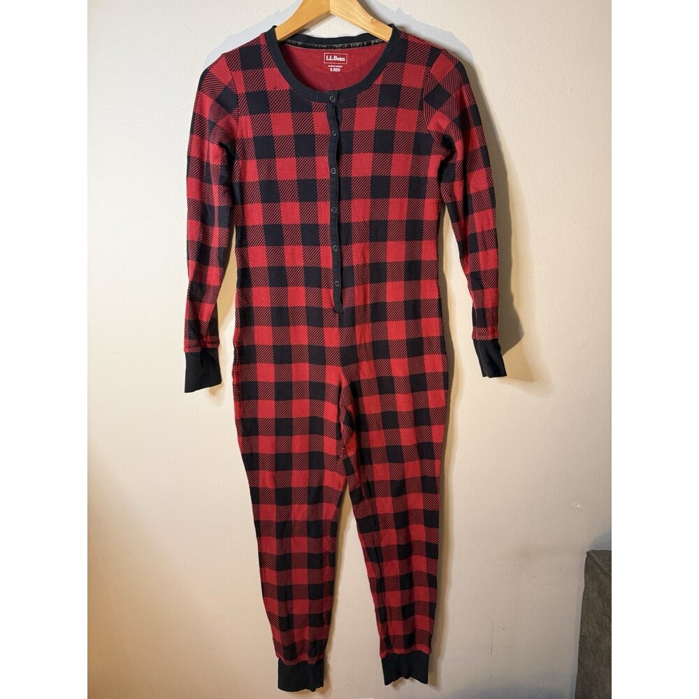 LL Bean Union Suit Womens S Buffalo Plaid One Piece Long John Cotton Pajamas